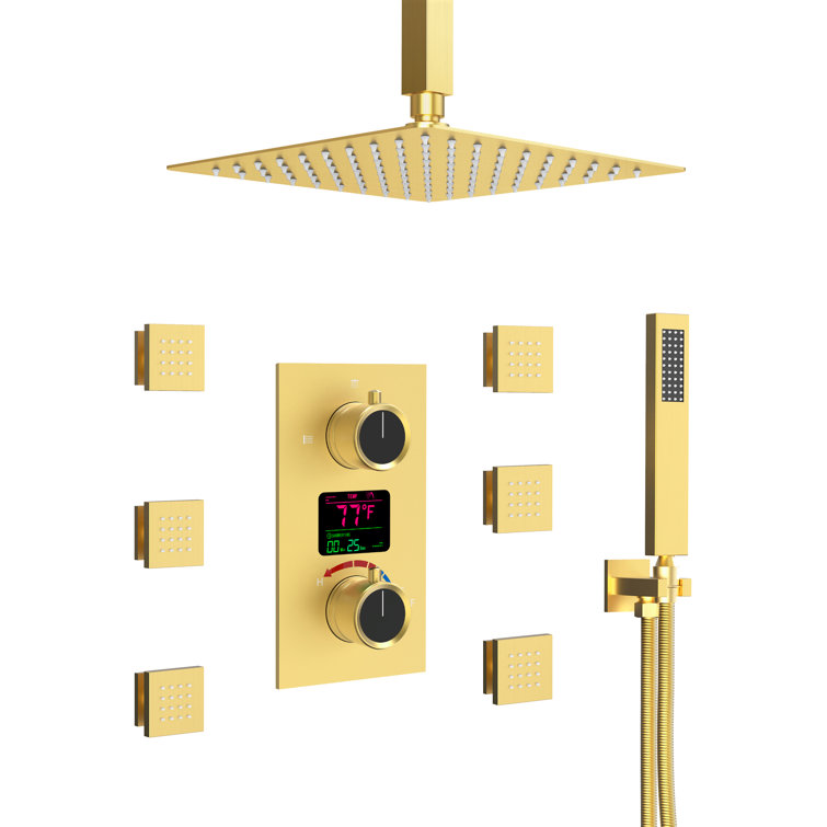 Brushed Gold 12" LED Ceiling Mounted Shower System with Digital Display