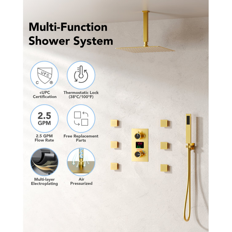 Brushed Gold 12" LED Ceiling Mounted Shower System with Digital Display