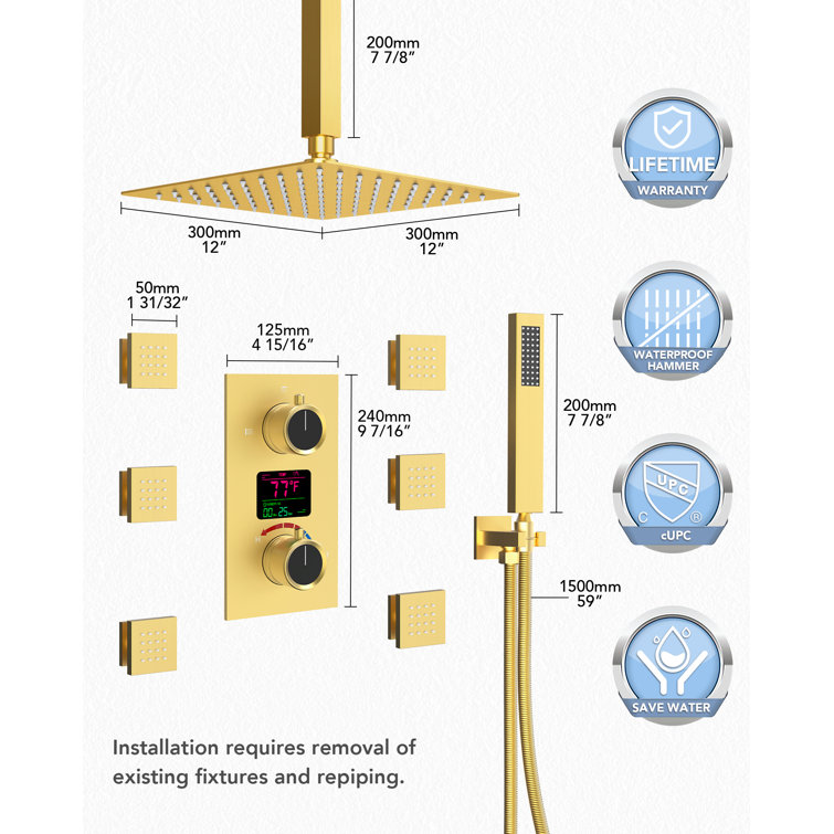 Brushed Gold 12" LED Ceiling Mounted Shower System with Digital Display