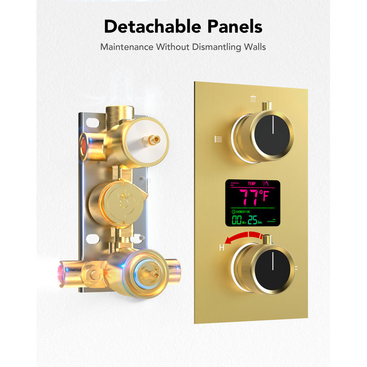 Brushed Gold 12" LED Ceiling Mounted Shower System with Digital Display