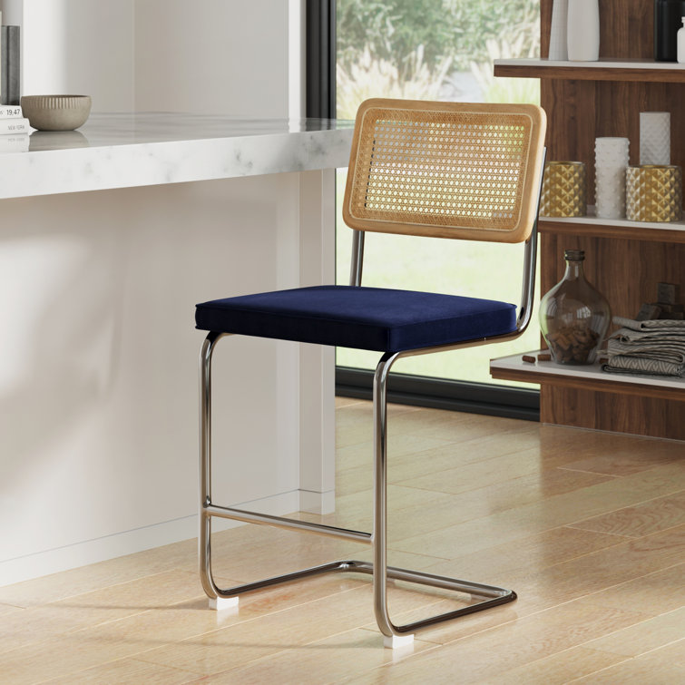 Sapphire Blue Velvet and Chrome Counter Stools, Set of 2