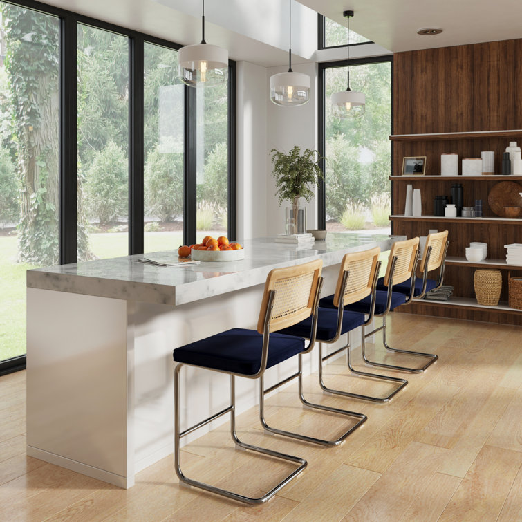 Sapphire Blue Velvet and Chrome Counter Stools, Set of 2