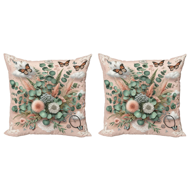 Pale Rose and Laurel Green Floral Microfiber Reversible Throw Pillow Set