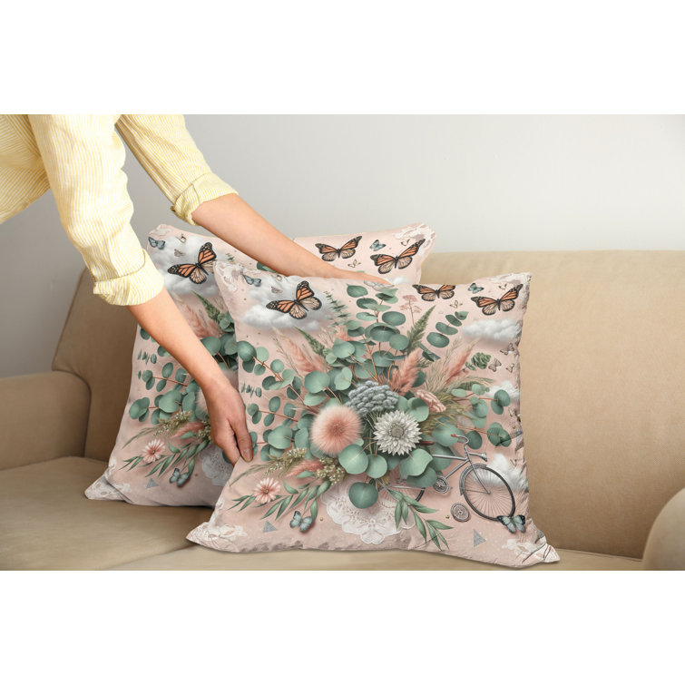 Pale Rose and Laurel Green Floral Microfiber Reversible Throw Pillow Set