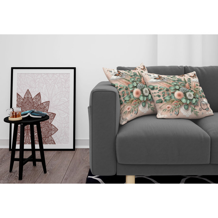 Pale Rose and Laurel Green Floral Microfiber Reversible Throw Pillow Set