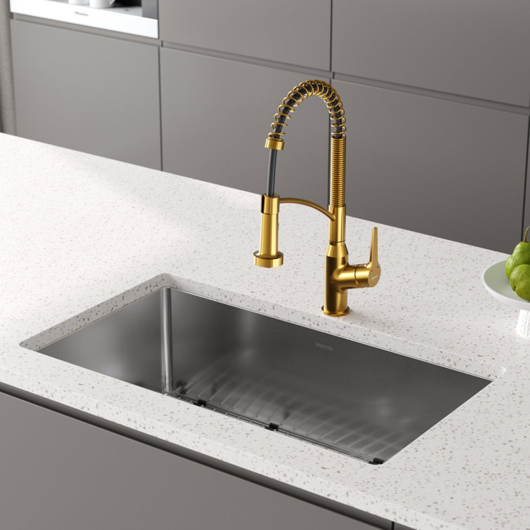 Gold Brass Single Handle Pull-Down Sprayer Kitchen Faucet