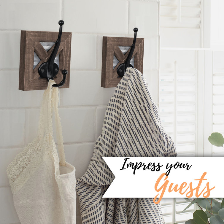 Rustic Brown Wood and Metal Wall Mounted Towel Hooks
