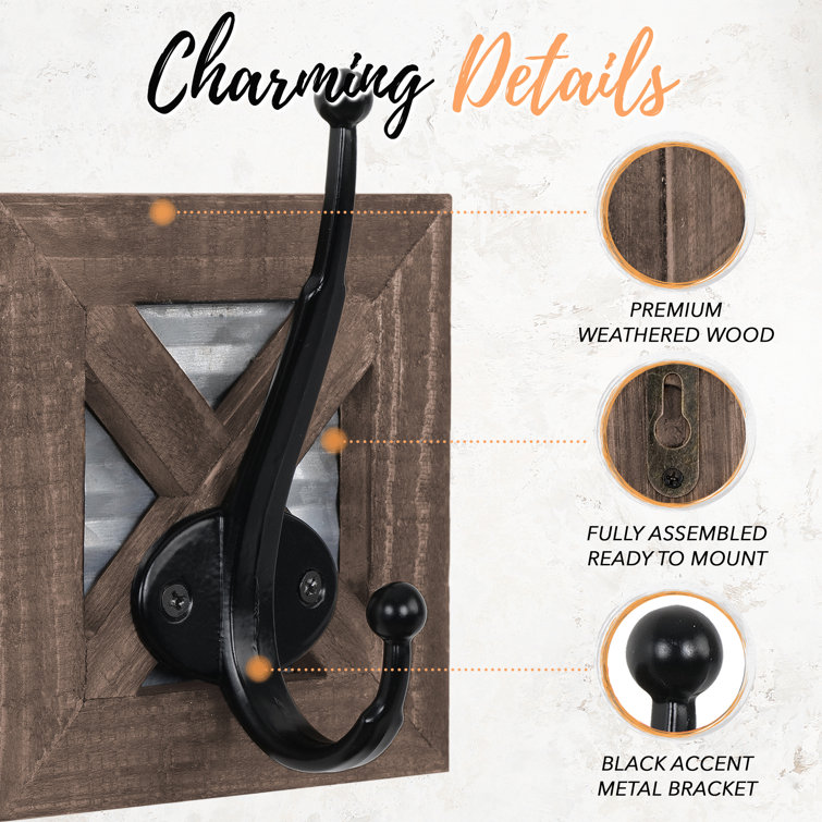 Rustic Brown Wood and Metal Wall Mounted Towel Hooks