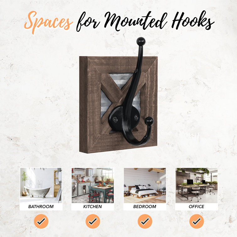 Rustic Brown Wood and Metal Wall Mounted Towel Hooks