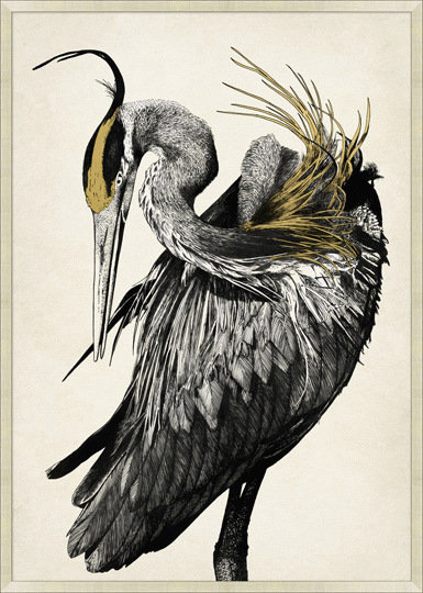 Silver Framed Gold Leaf Heron Acrylic Painting Print