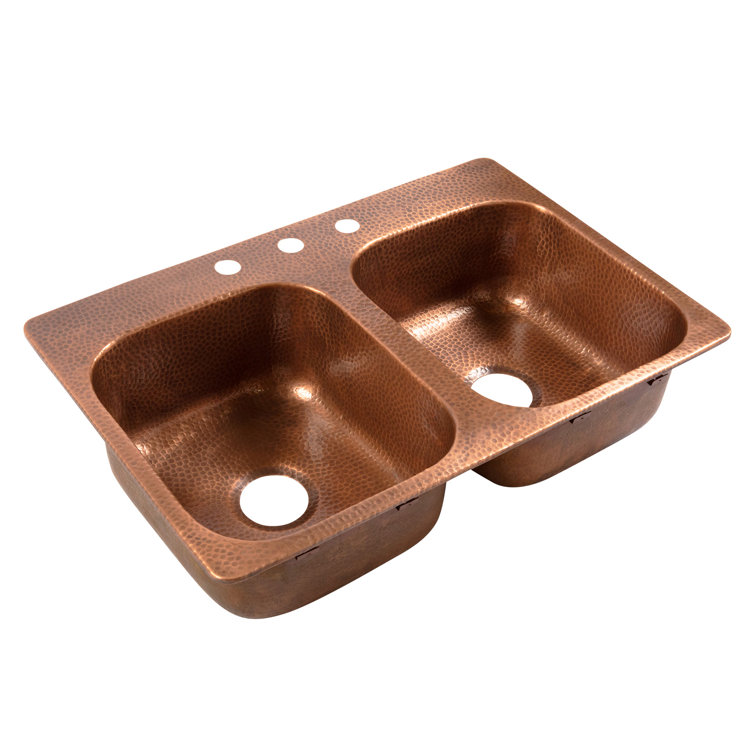 Angelico Hand-Hammered Copper Double Bowl Farmhouse Sink, 33"