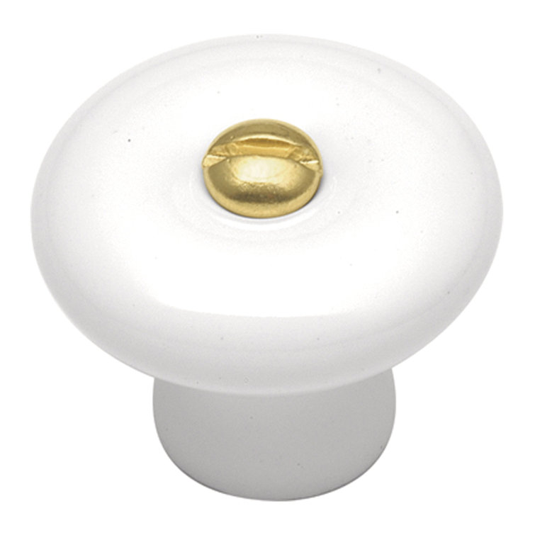 White Porcelain Round Cabinet Knob with Brass Accent