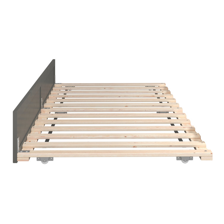 Gray Rubberwood Twin XL Rollaway Trundle Bed Frame with Slats