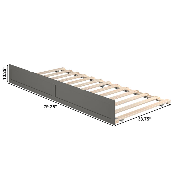 Gray Rubberwood Twin XL Rollaway Trundle Bed Frame with Slats