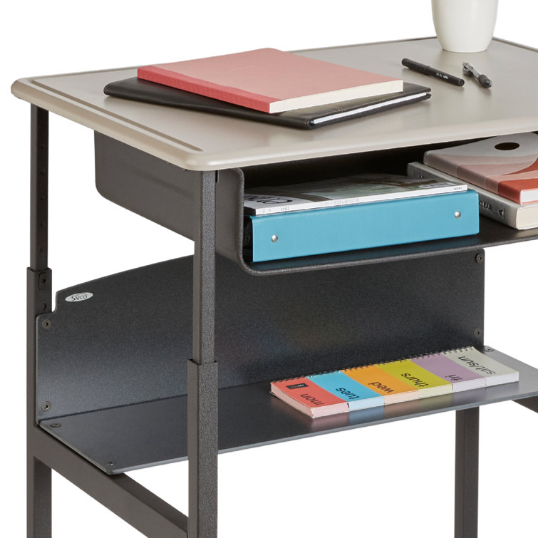 Adjustable Black Metal Writing Desk with Swinging Footrest and Storage Shelf