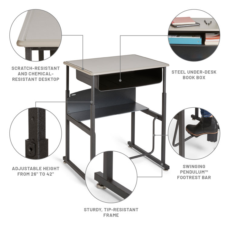 Adjustable Black Metal Writing Desk with Swinging Footrest and Storage Shelf