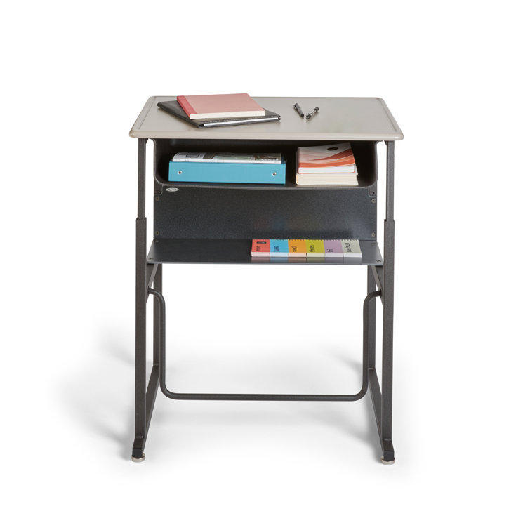 Adjustable Black Metal Writing Desk with Swinging Footrest and Storage Shelf