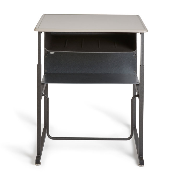 Adjustable Black Metal Writing Desk with Swinging Footrest and Storage Shelf