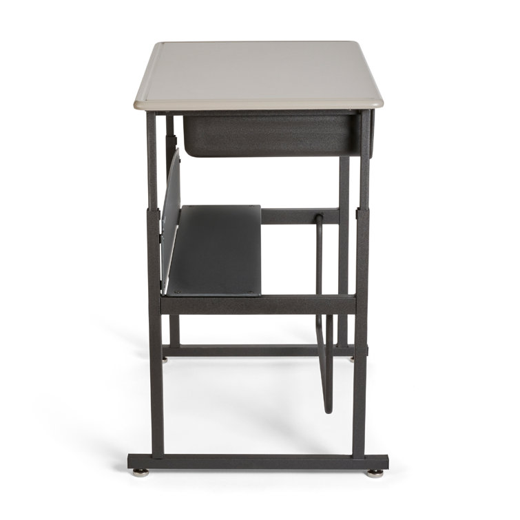 Adjustable Black Metal Writing Desk with Swinging Footrest and Storage Shelf