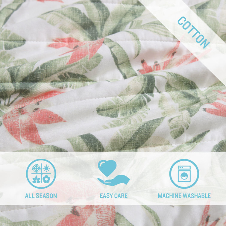 Full White Cotton Reversible Quilt Set with Botanical Print
