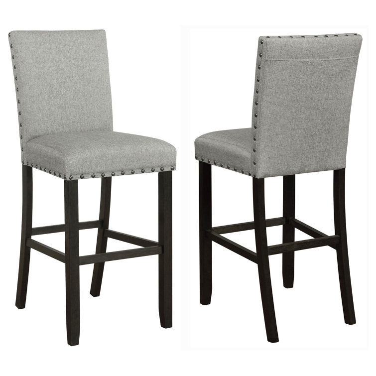 Transitional Gray Linen Upholstered Counter Stools with Nailhead Trim (Set of 2)