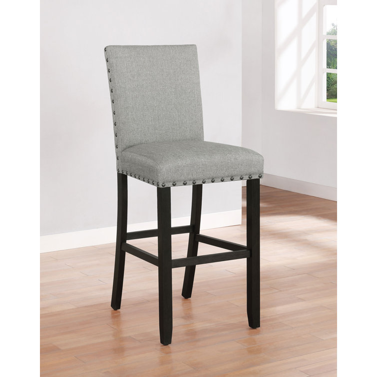 Transitional Gray Linen Upholstered Counter Stools with Nailhead Trim (Set of 2)
