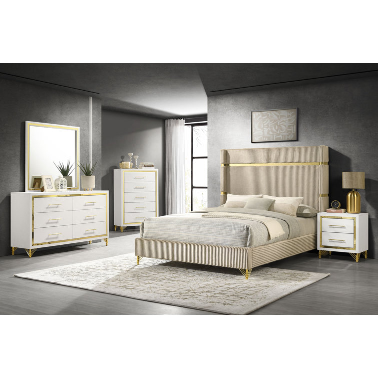 Elegant Eastern King 5-Piece Bedroom Set in Beige & White
