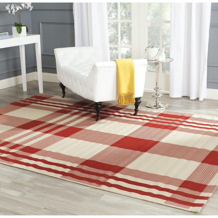 Red and Bone Plaid Outdoor Synthetic Area Rug