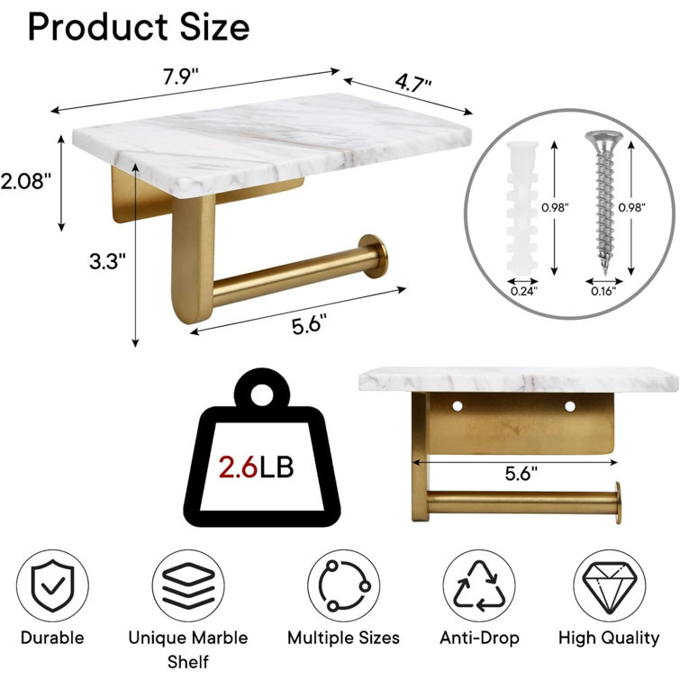 Brushed Gold Wall Mounted Toilet Paper Holder with Marble Shelf