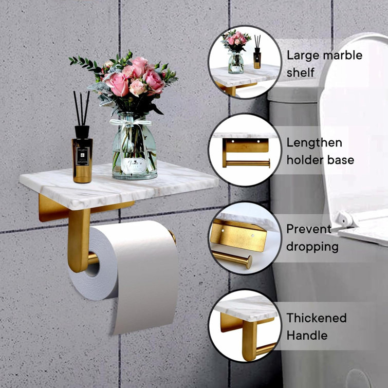 Brushed Gold Wall Mounted Toilet Paper Holder with Marble Shelf