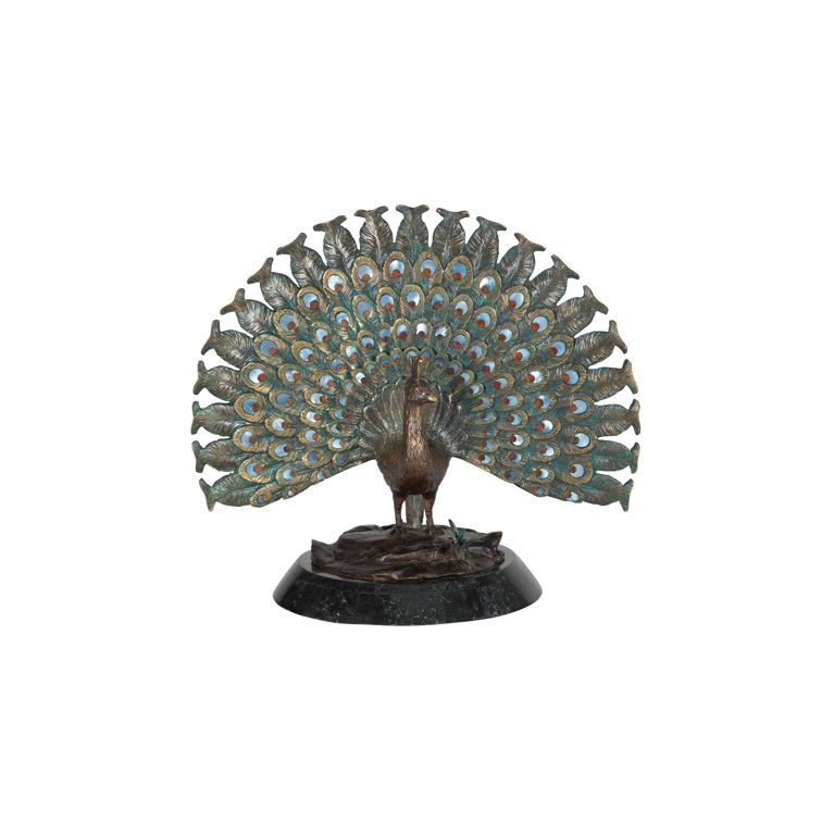 Elegant Blue and Red Peacock Sculpture with Marble Base
