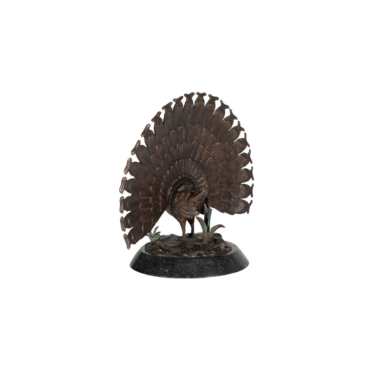Elegant Blue and Red Peacock Sculpture with Marble Base