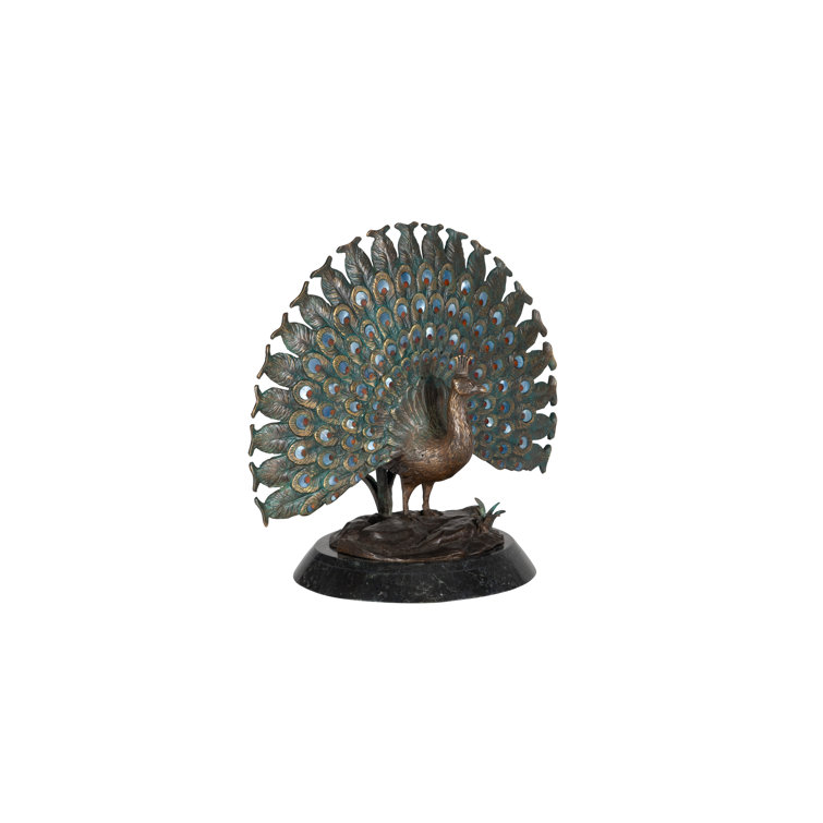Elegant Blue and Red Peacock Sculpture with Marble Base