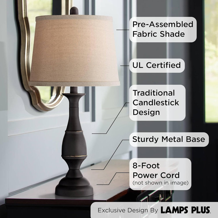 Rustic Farmhouse Dark Bronze Metal Table Lamp Set with Linen Drum Shades