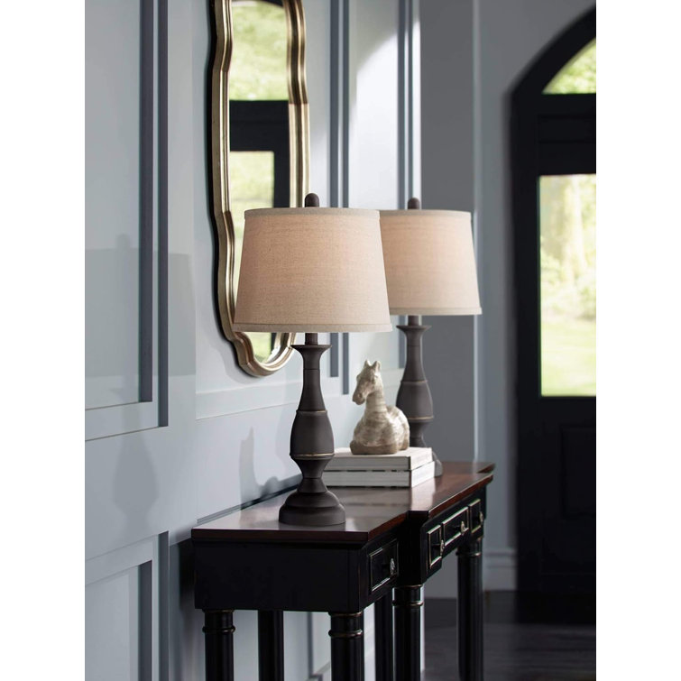 Rustic Farmhouse Dark Bronze Metal Table Lamp Set with Linen Drum Shades