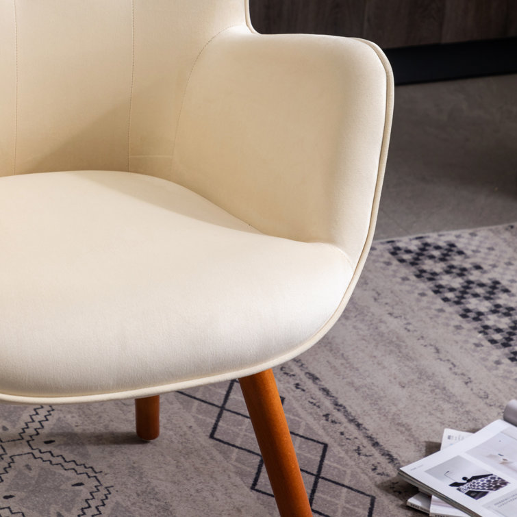 Elegant White Velvet Barrel Wingback Chair with Oak Finish