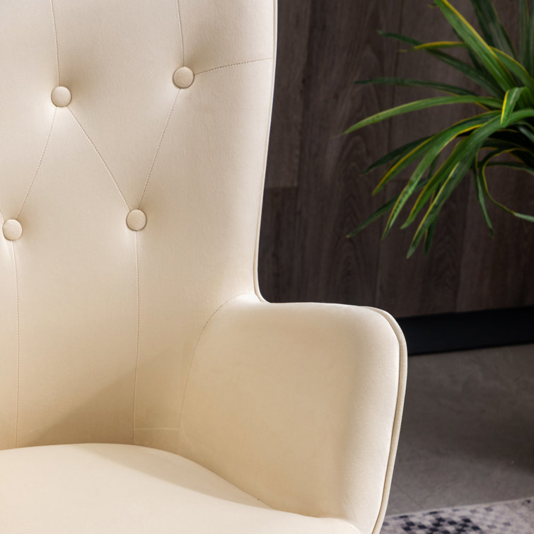 Elegant White Velvet Barrel Wingback Chair with Oak Finish