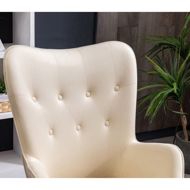 Elegant White Velvet Barrel Wingback Chair with Oak Finish