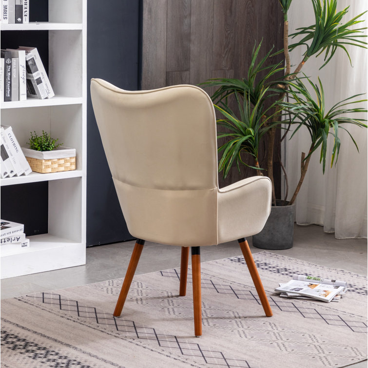 Elegant White Velvet Barrel Wingback Chair with Oak Finish