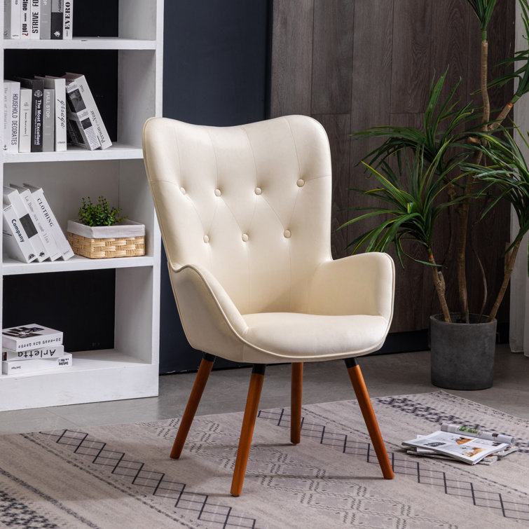 Elegant White Velvet Barrel Wingback Chair with Oak Finish