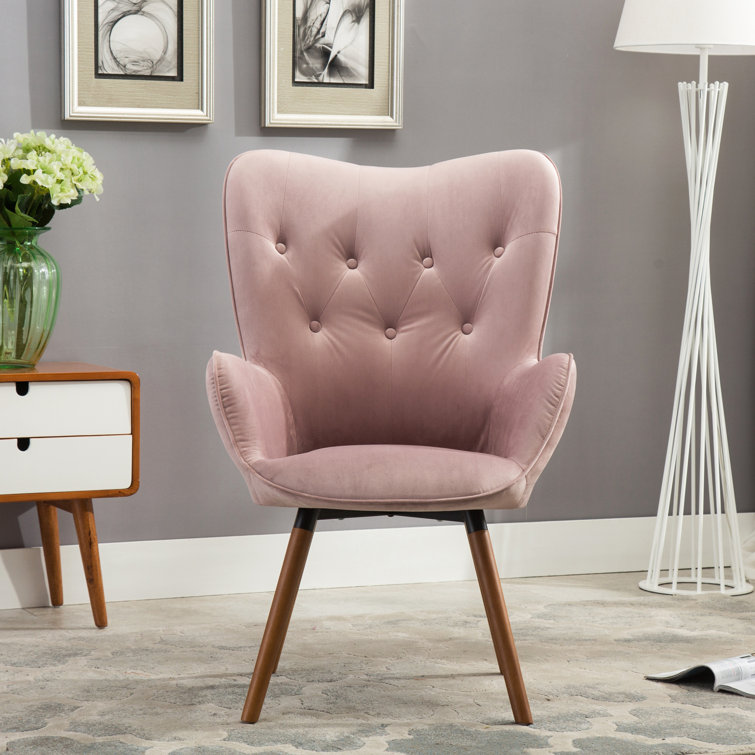 Elegant Brown Velvet Barrel Accent Chair with Wing Back and Oak Finish