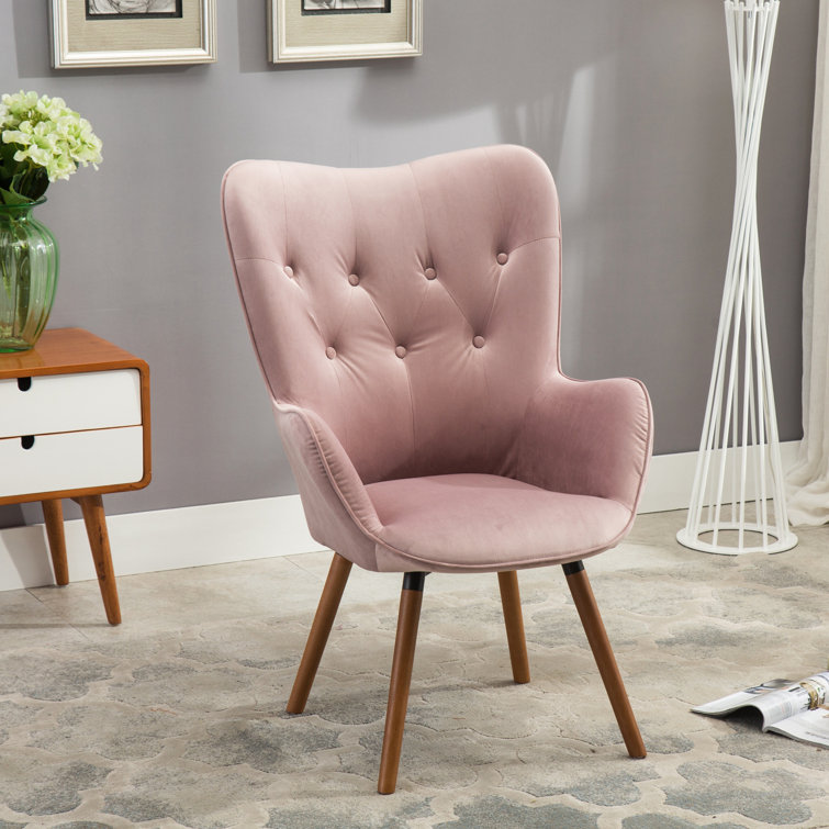 Elegant Brown Velvet Barrel Accent Chair with Wing Back and Oak Finish