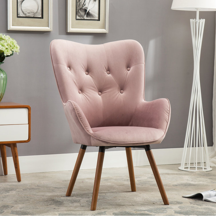 Elegant Brown Velvet Barrel Accent Chair with Wing Back and Oak Finish
