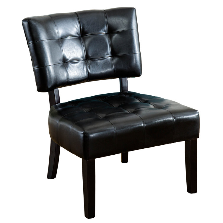 Luxurious Black Faux Leather Tufted Slipper Chair with Wood Legs