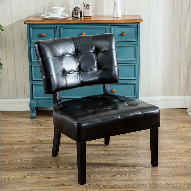 Luxurious Black Faux Leather Tufted Slipper Chair with Wood Legs