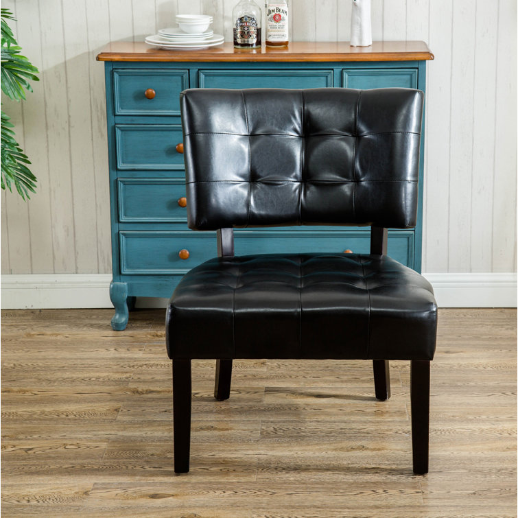 Luxurious Black Faux Leather Tufted Slipper Chair with Wood Legs