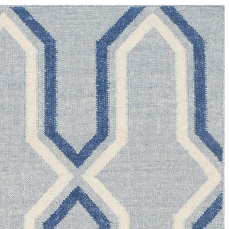 Light Blue and Dark Blue Wool Geometric Area Rug, 2'6" x 4'
