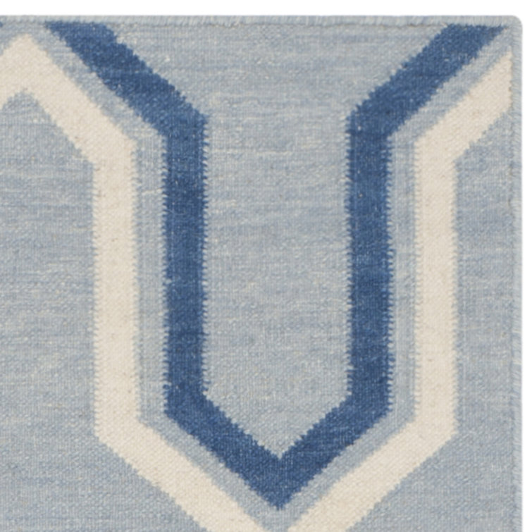 Light Blue and Dark Blue Wool Geometric Area Rug, 2'6" x 4'