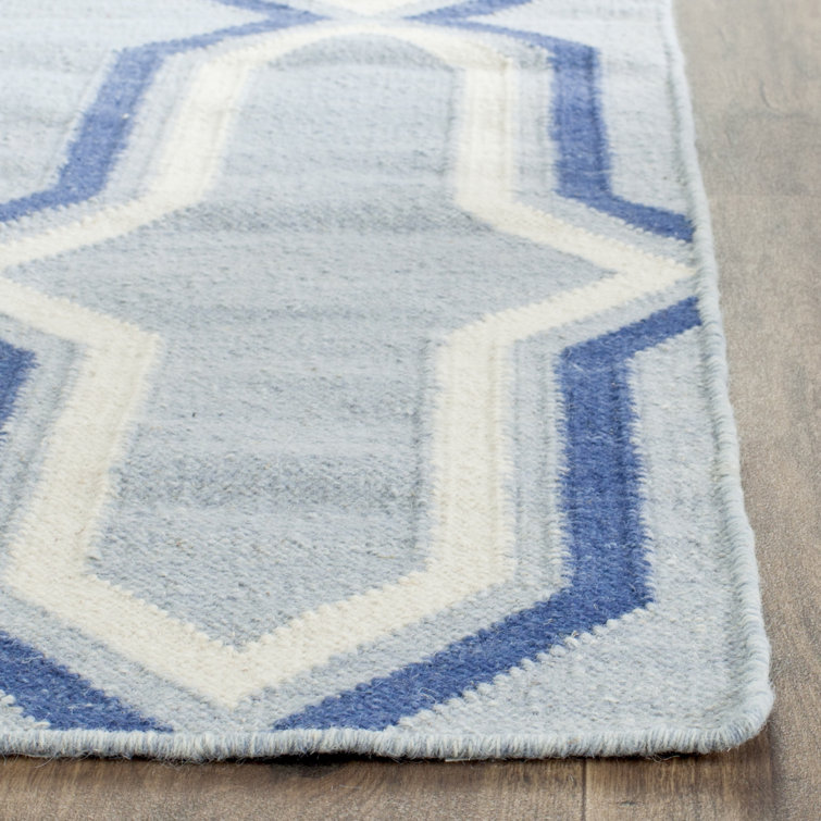 Light Blue and Dark Blue Wool Geometric Area Rug, 2'6" x 4'