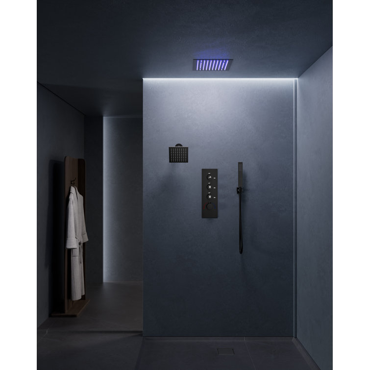 Matte Black Dual Rainfall LED Shower System with Thermostatic Valve